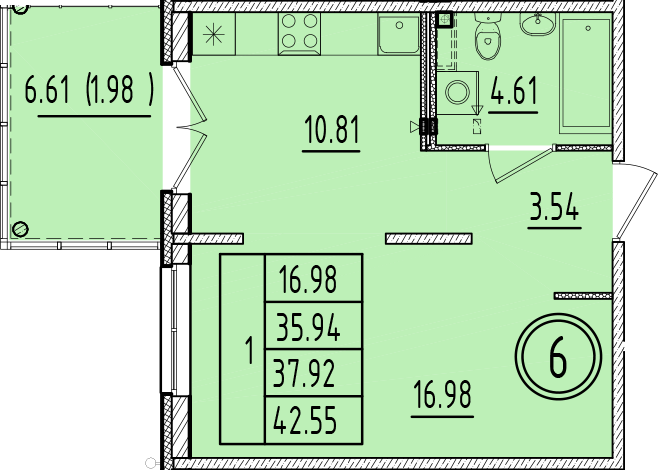 1-комнатная квартира, 35.94 м² в ЖК "Образцовый квартал 6.4" - планировка, фото №1