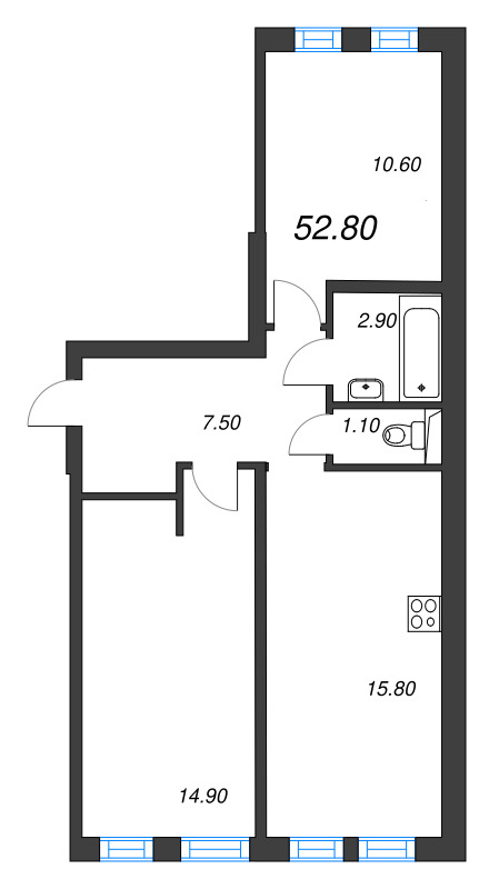 3-комнатная (Евро) квартира, 52.8 м² в ЖК "ЭКО Квартал NEGA" - планировка, фото №1