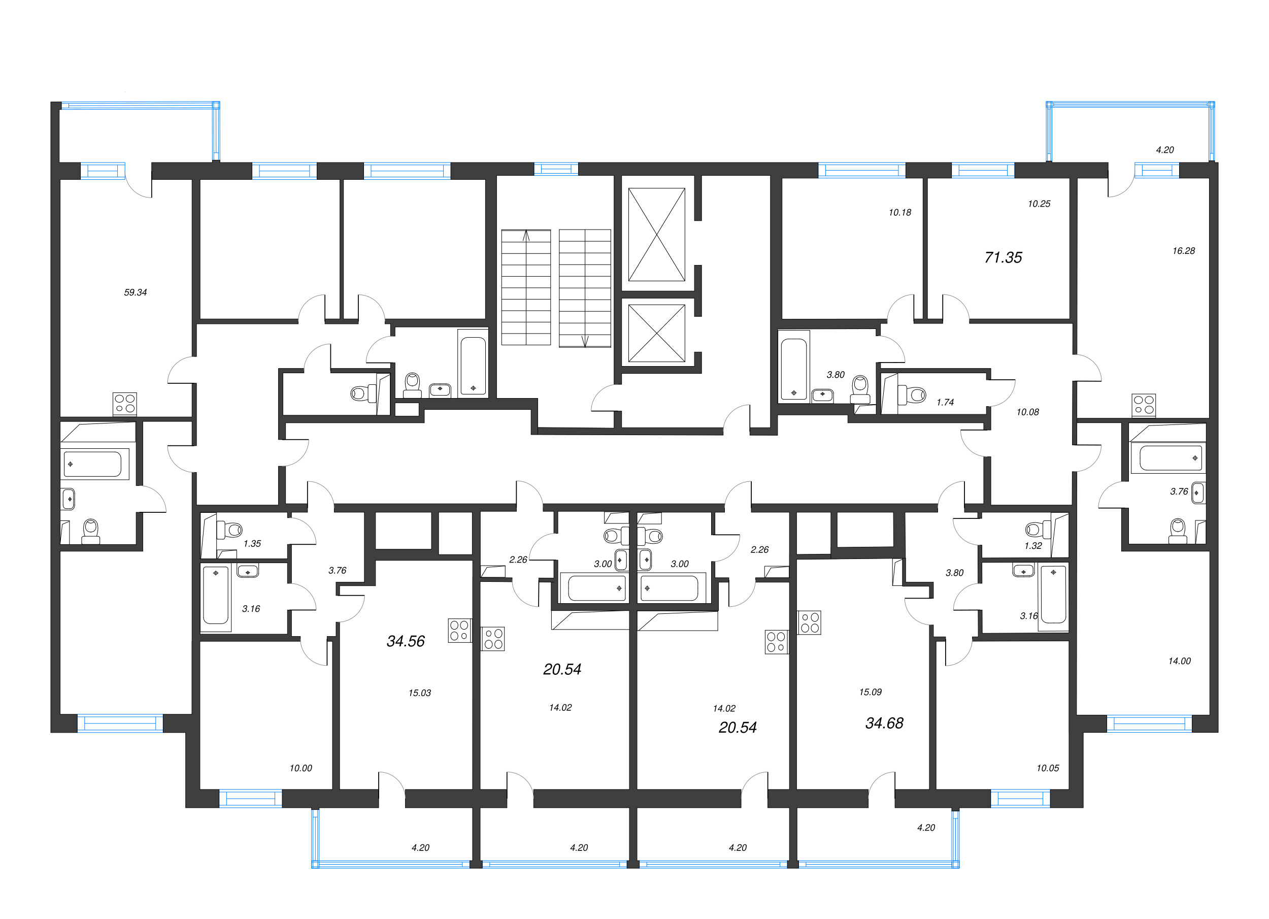 2-комнатная (Евро) квартира, 34.56 м² в ЖК "Аэросити" - планировка этажа