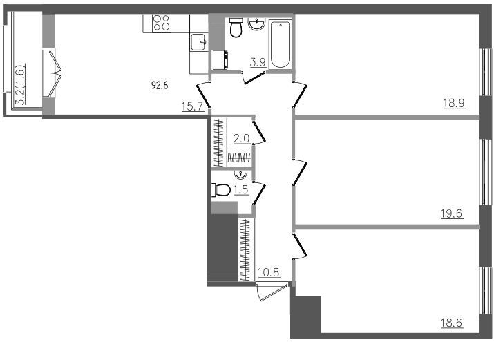 3-комнатная квартира, 92.6 м² в ЖК "Upoint" - планировка, фото №1