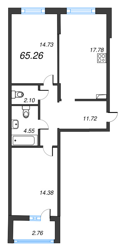 3-комнатная (Евро) квартира, 65.26 м² в ЖК "Чёрная речка" - планировка, фото №1