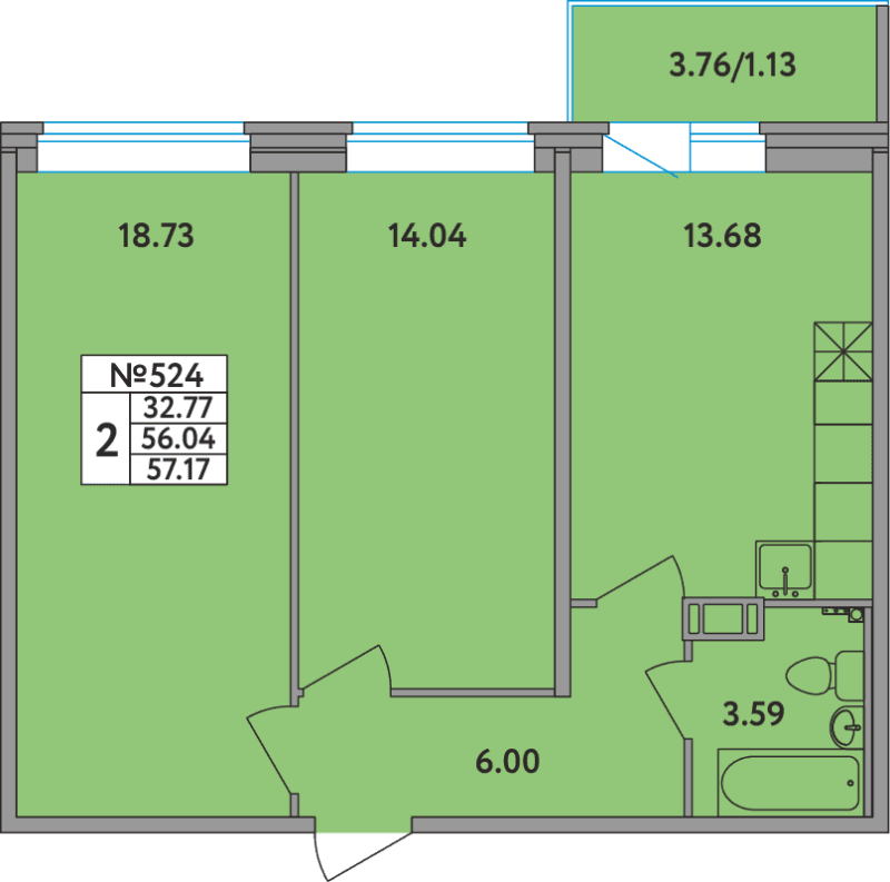 2-комнатная квартира, 57.17 м² - планировка, фото №1