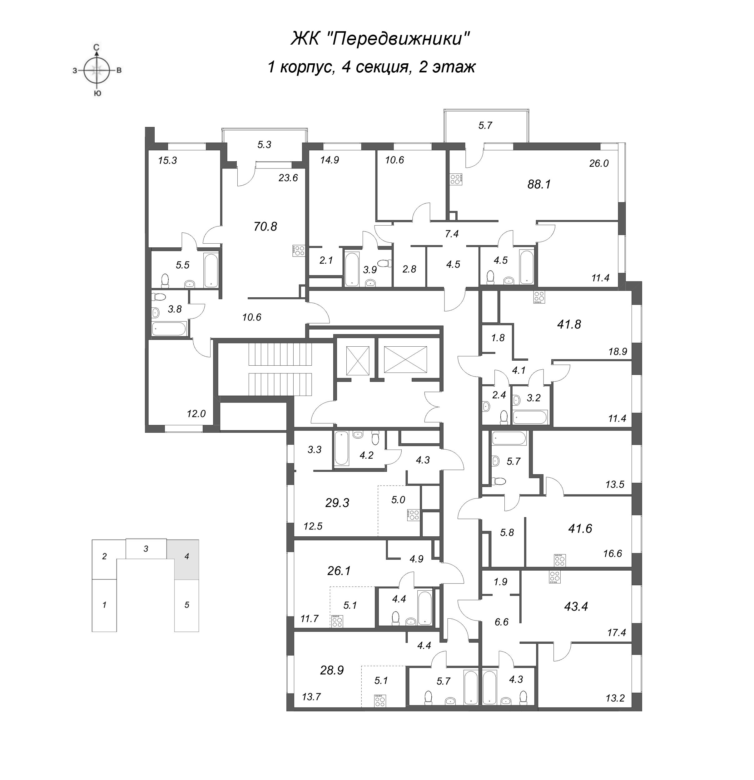 2-комнатная (Евро) квартира, 43.4 м² в ЖК "Передвижники" - планировка этажа