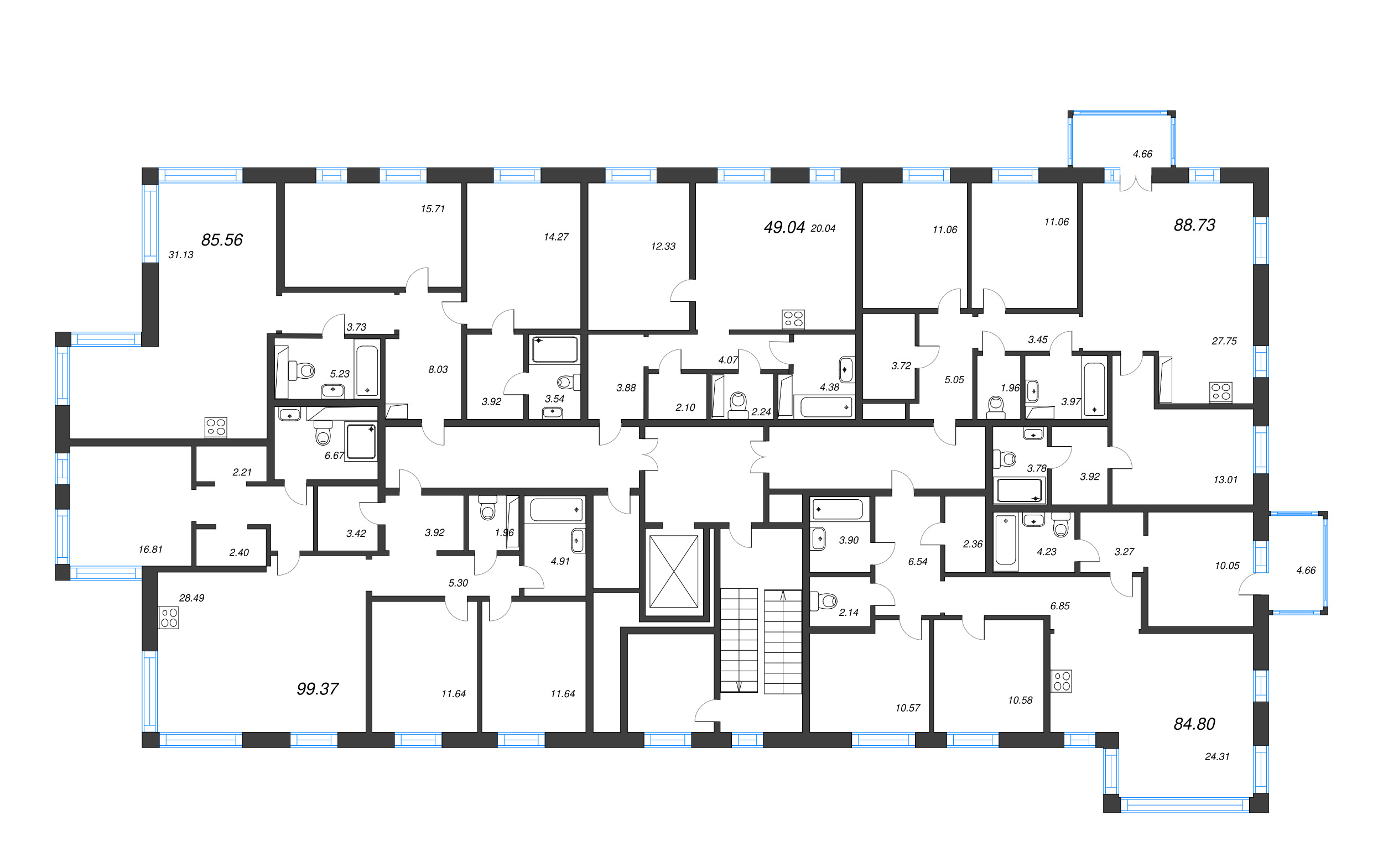 3-комнатная (Евро) квартира, 85.8 м² - планировка этажа