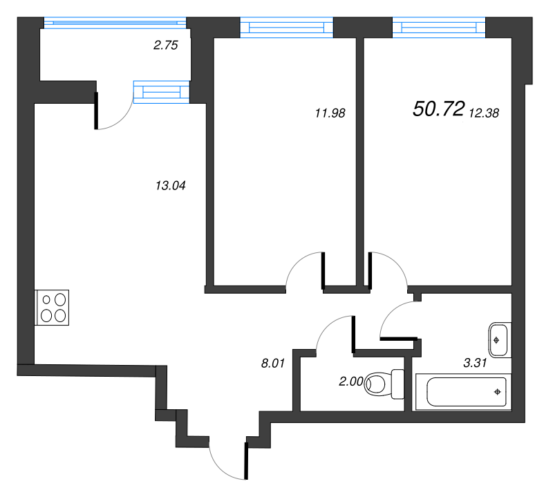 3-комнатная (Евро) квартира, 47.45 м² - планировка, фото №1