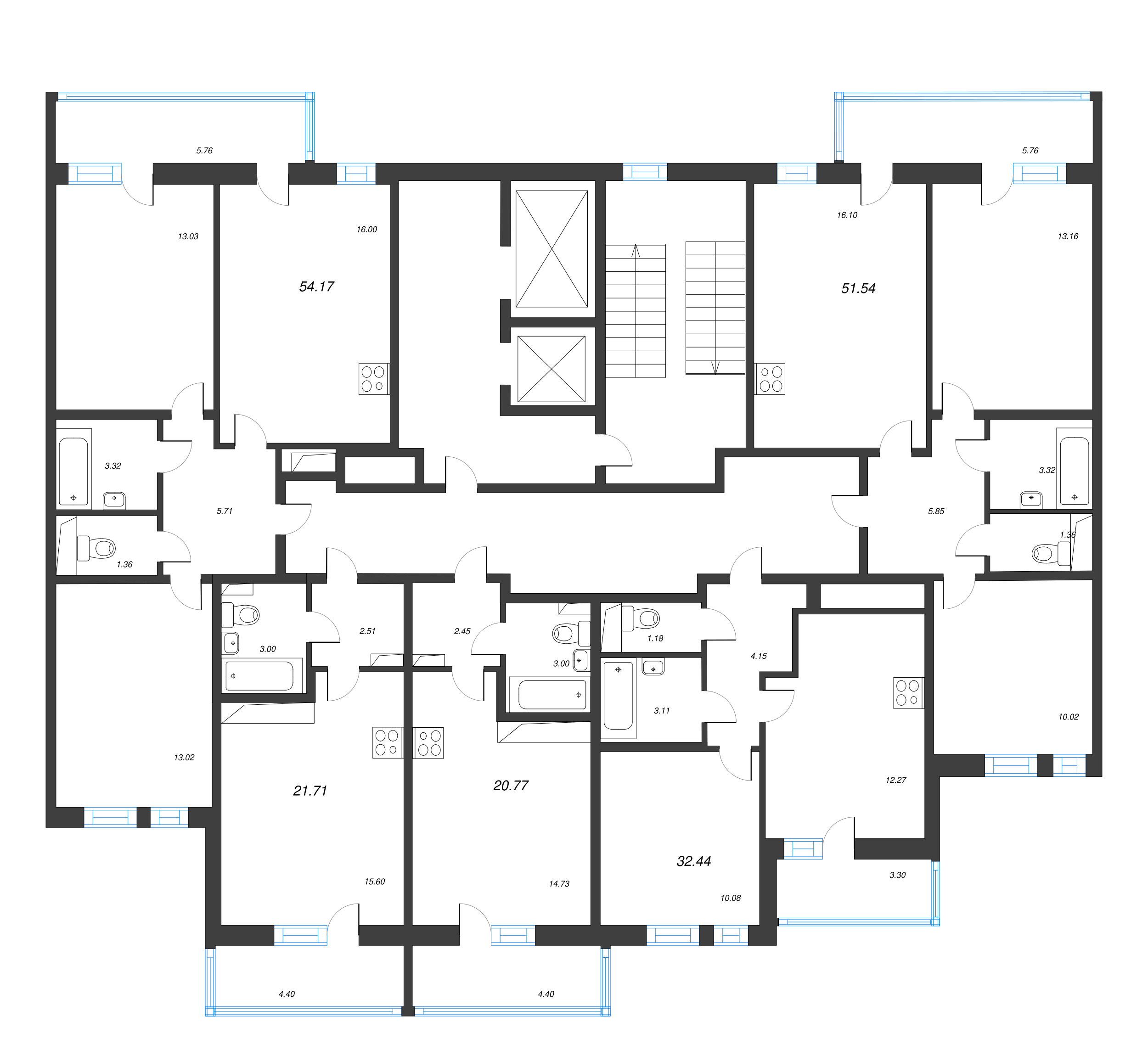 3-комнатная (Евро) квартира, 51.54 м² в ЖК "AEROCITY" - планировка этажа