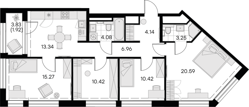 4-комнатная квартира, 90.39 м² - планировка, фото №1
