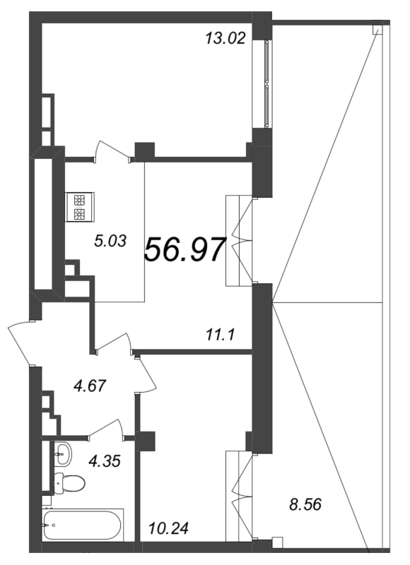 3-комнатная (Евро) квартира, 56.7 м² в ЖК "Neva Residence" - планировка, фото №1