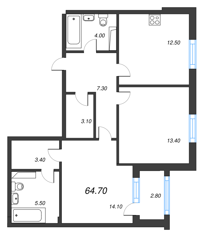 2-комнатная квартира, 64.7 м² в ЖК "Тайм Сквер" - планировка, фото №1