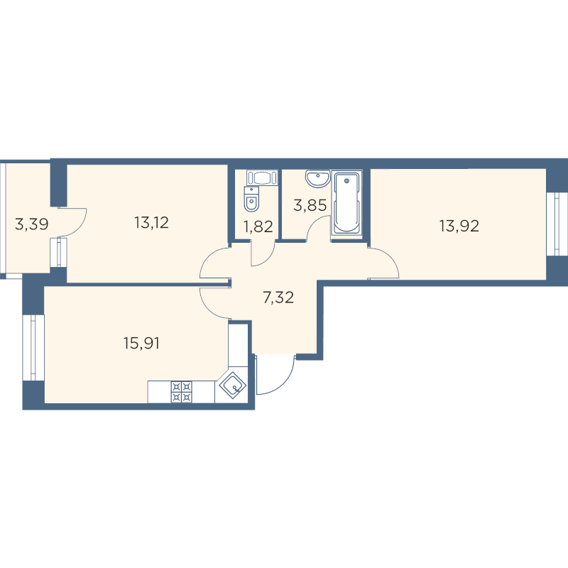 3-комнатная (Евро) квартира, 57.64 м² - планировка, фото №1