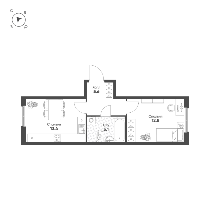 1-комнатная квартира, 36.9 м² в ЖК "Клюква.Парк" - планировка, фото №1