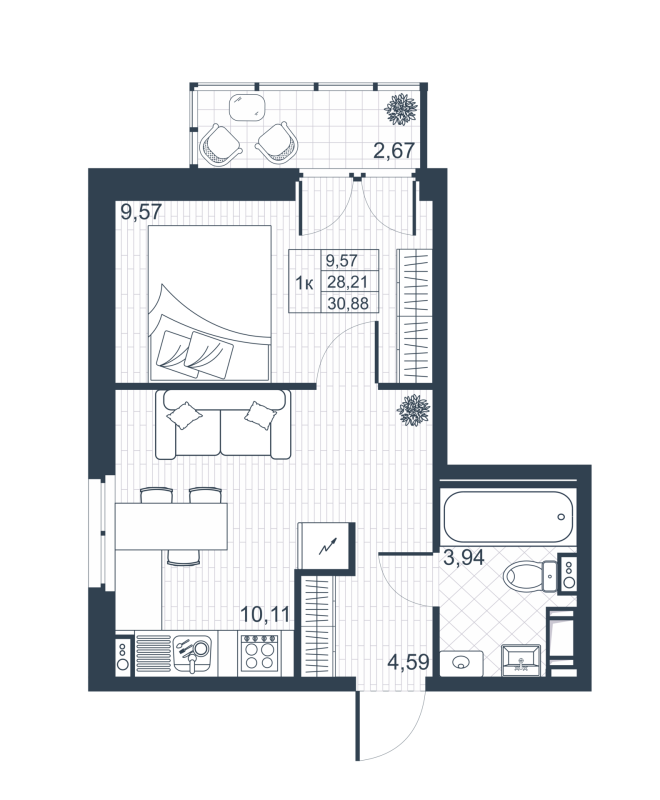1-комнатная квартира, 29.01 м² - планировка, фото №1