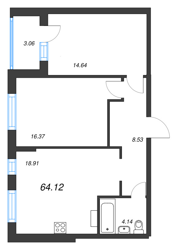 3-комнатная (Евро) квартира, 64.12 м² - планировка, фото №1
