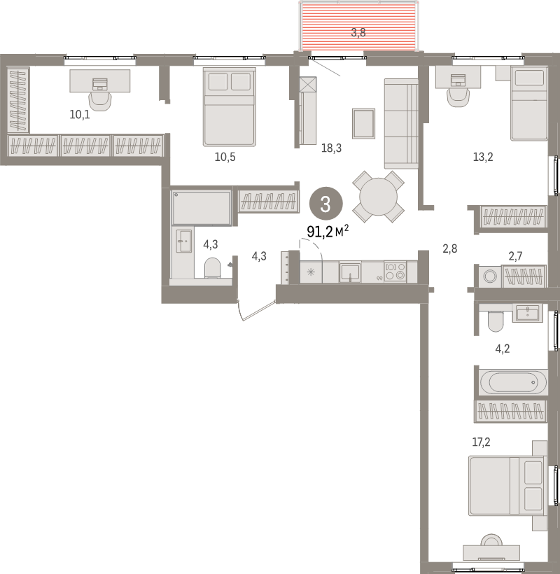 4-комнатная (Евро) квартира, 91.2 м² в ЖК "Брусника в Новоселье" - планировка, фото №1