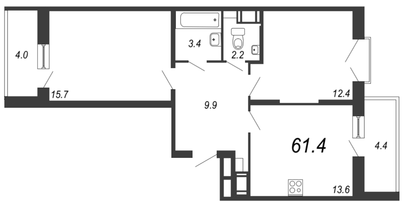 2-комнатная квартира, 62.3 м² - планировка, фото №1