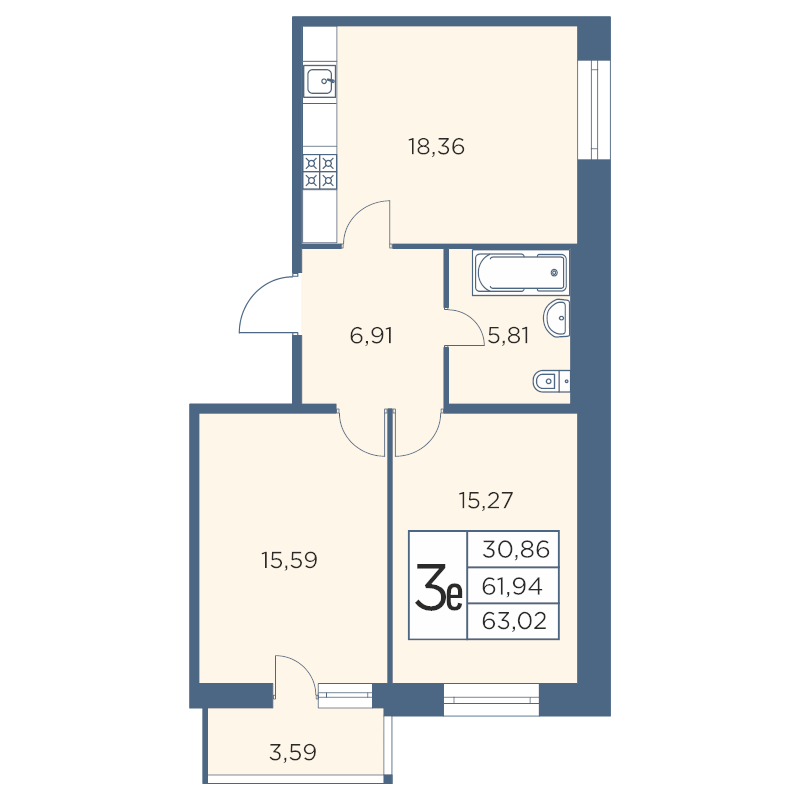 3-комнатная (Евро) квартира, 62.68 м² - планировка, фото №1