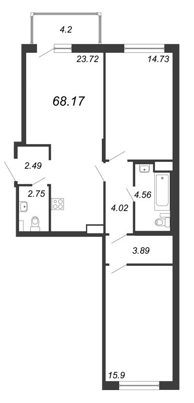 3-комнатная (Евро) квартира, 68.17 м² - планировка, фото №1