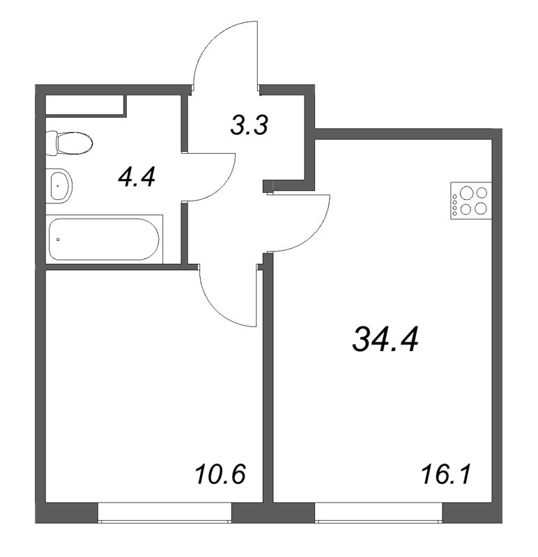 2-комнатная (Евро) квартира, 34.4 м² в ЖК "Пулково Lake" - планировка, фото №1