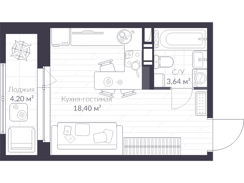 Квартира-студия, 24.4 м² в ЖК "VEREN NEXT шуваловский" - планировка, фото №1