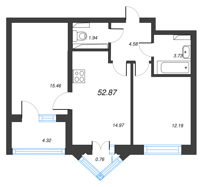 2-комнатная квартира, 54.4 м² - планировка, фото №1