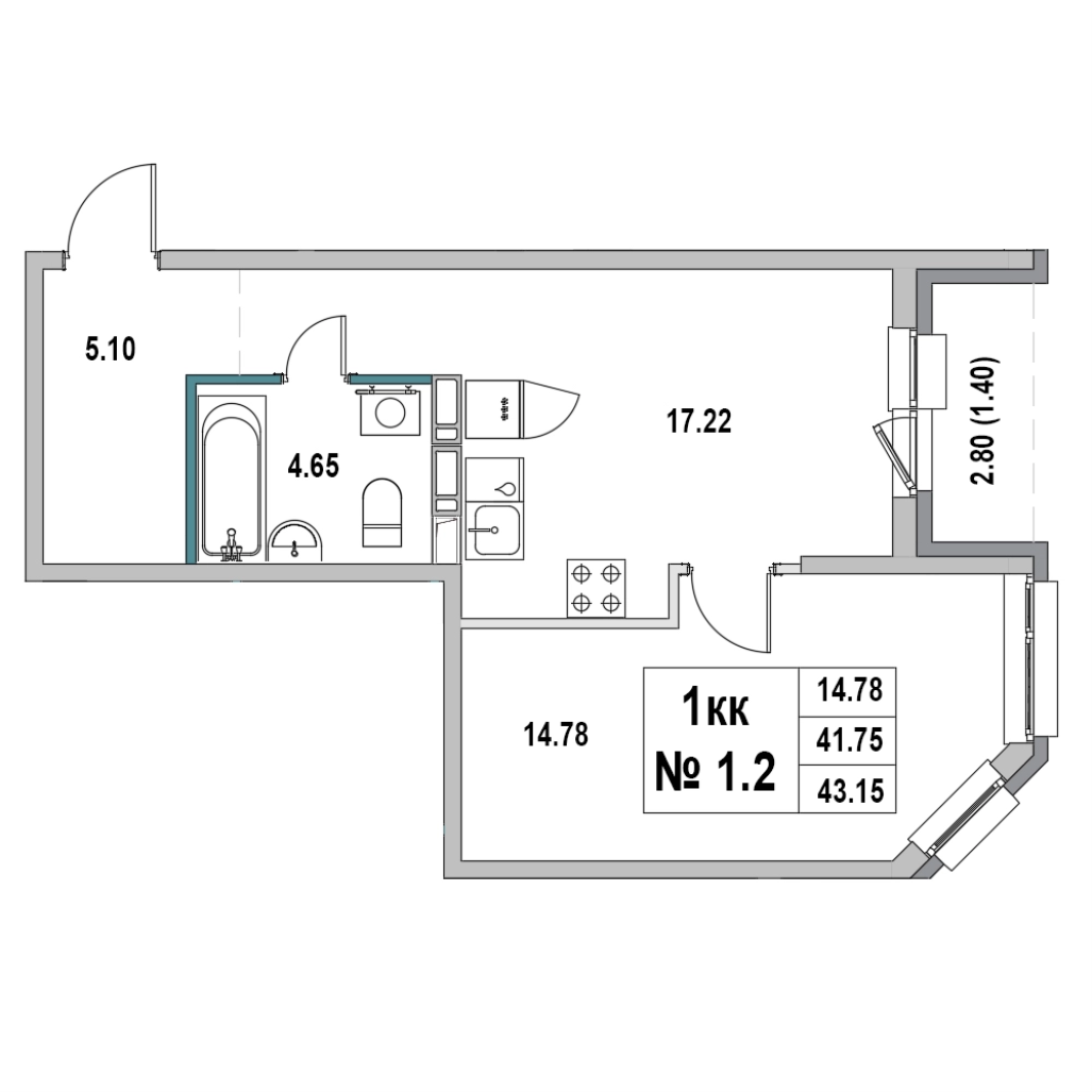 2-комнатная (Евро) квартира, 43.15 м² в ЖК "Новый Город" - планировка, фото №1