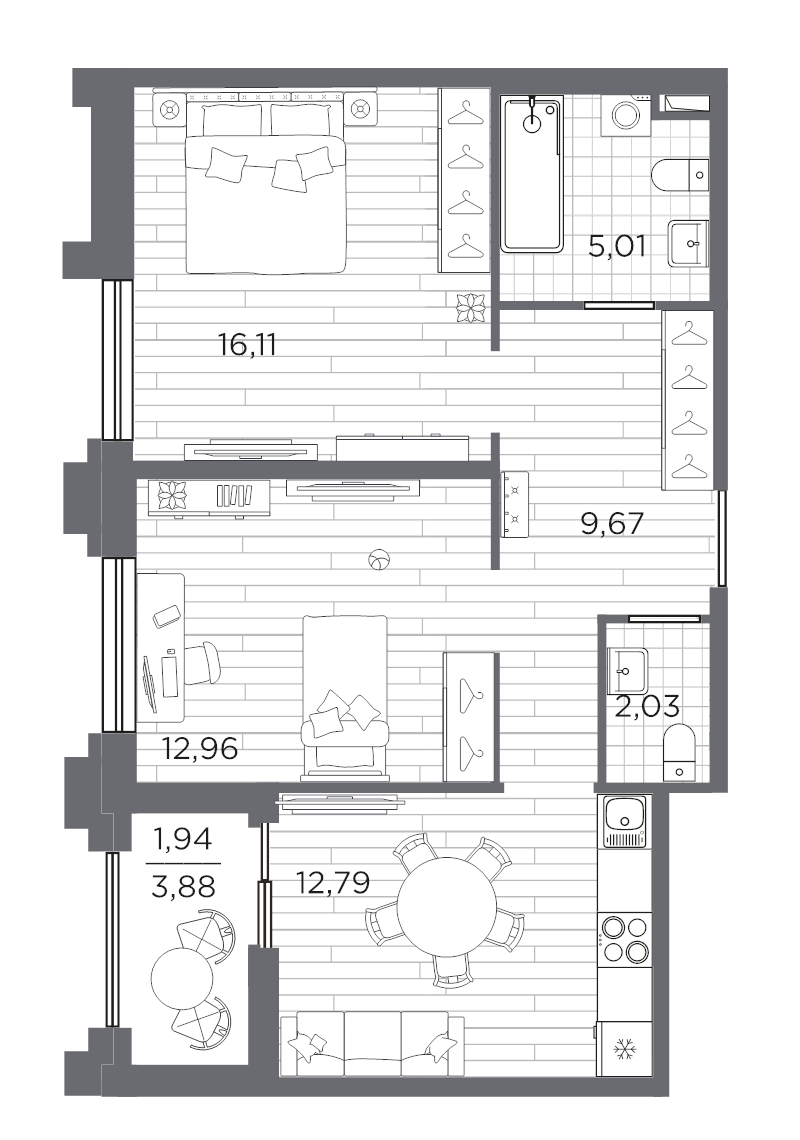 2-комнатная квартира, 60.51 м² в ЖК "Ассамблея" - планировка, фото №1