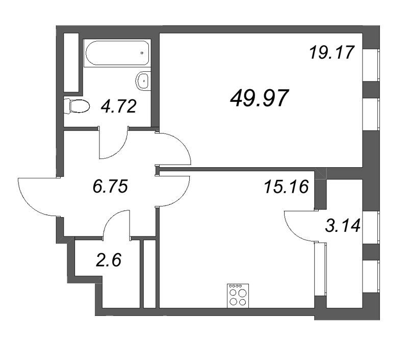 1-комнатная квартира, 49.97 м² - планировка, фото №1