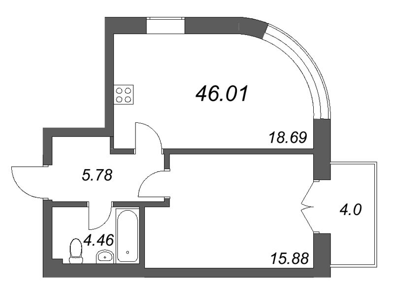 2-комнатная (Евро) квартира, 46.01 м² в ЖК "Фонтанка 130" - планировка, фото №1