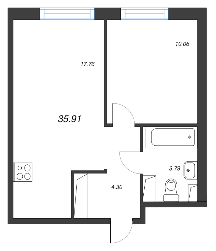 2-комнатная (Евро) квартира, 35.91 м² в ЖК "Кронунг Янино" - планировка, фото №1