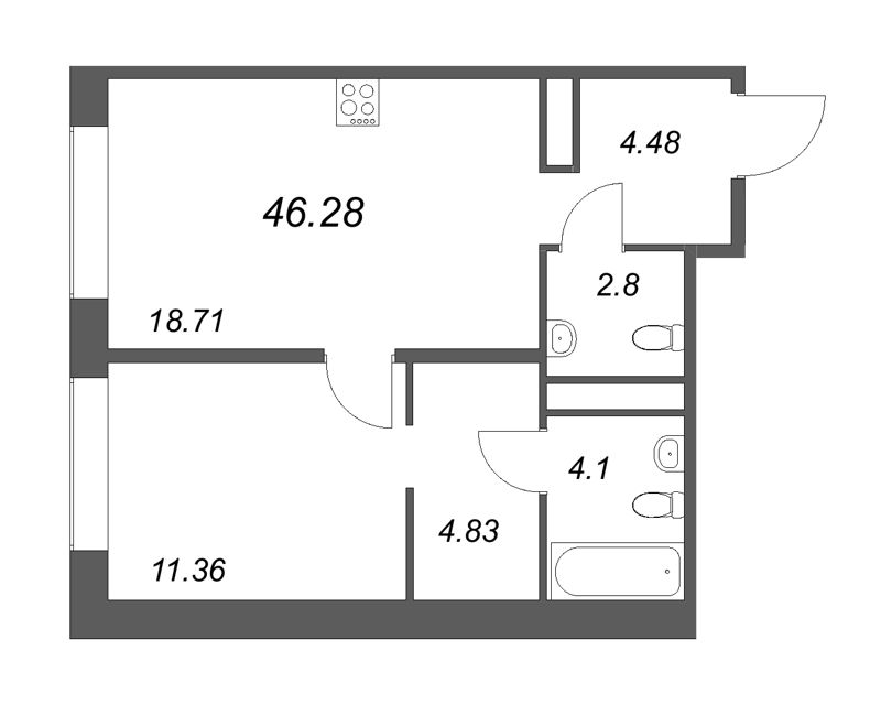 2-комнатная (Евро) квартира, 46.28 м² в ЖК "Avant" - планировка, фото №1