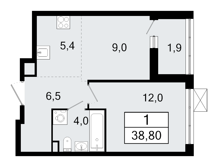 1-комнатная квартира, 38.8 м² - планировка, фото №1