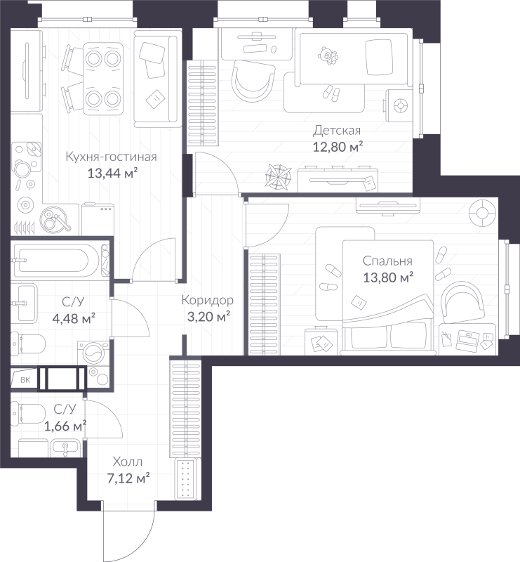 2-комнатная квартира, 56.5 м² в ЖК "VEREN NORT сертолово" - планировка, фото №1