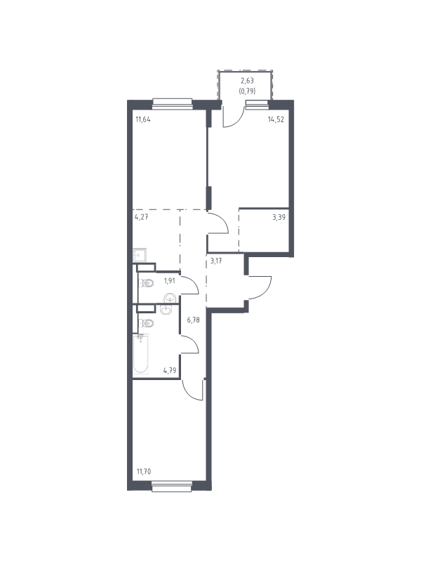 3-комнатная (Евро) квартира, 62.96 м² в ЖК "Новые Лаврики" - планировка, фото №1