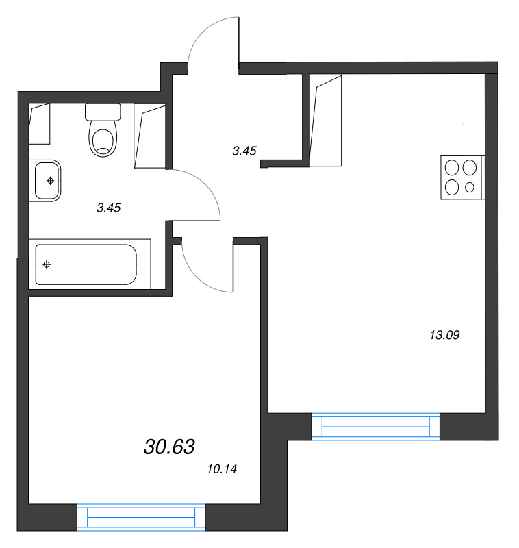 2-комнатная (Евро) квартира, 30.63 м² в ЖК "Кронунг Янино" - планировка, фото №1