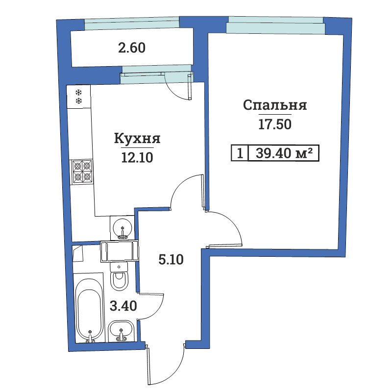 1-комнатная квартира, 39.4 м² в ЖК "Авиатор" - планировка, фото №1