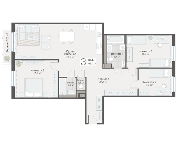 4-комнатная (Евро) квартира, 106.1 м² в ЖК "Руднева 15" - планировка, фото №1