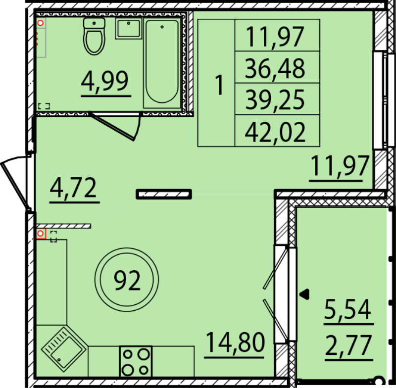 1-комнатная квартира, 36.48 м² - планировка, фото №1