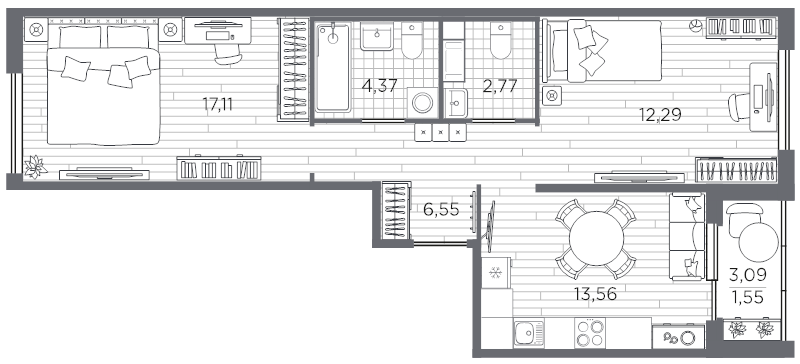 2-комнатная квартира, 58.2 м² в ЖК "PLUS Пулковский" - планировка, фото №1