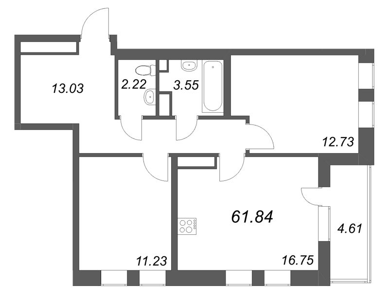 3-комнатная (Евро) квартира, 61.84 м² в ЖК "Аквилон Солар" - планировка, фото №1