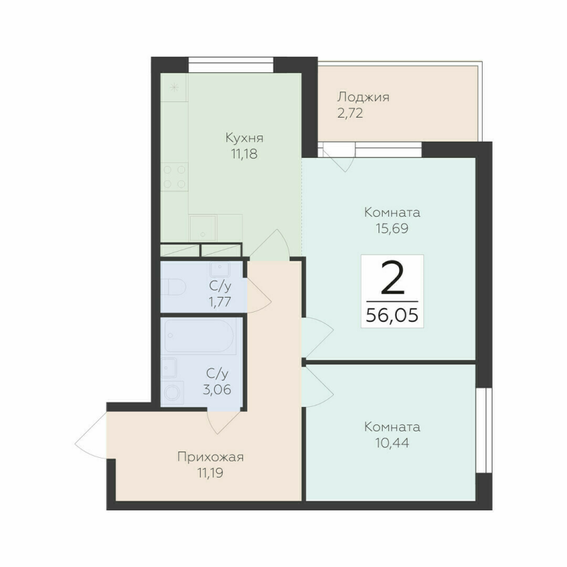 2-комнатная квартира, 56.05 м² в ЖК "Финский квартал" - планировка, фото №1
