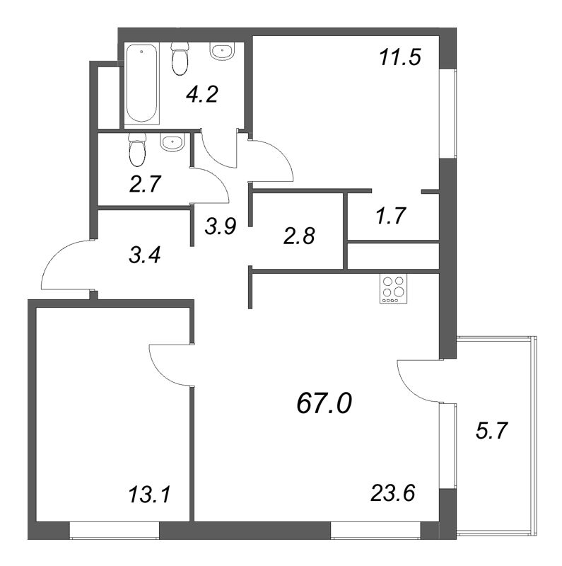 3-комнатная (Евро) квартира, 67 м² в ЖК "Передвижники" - планировка, фото №1
