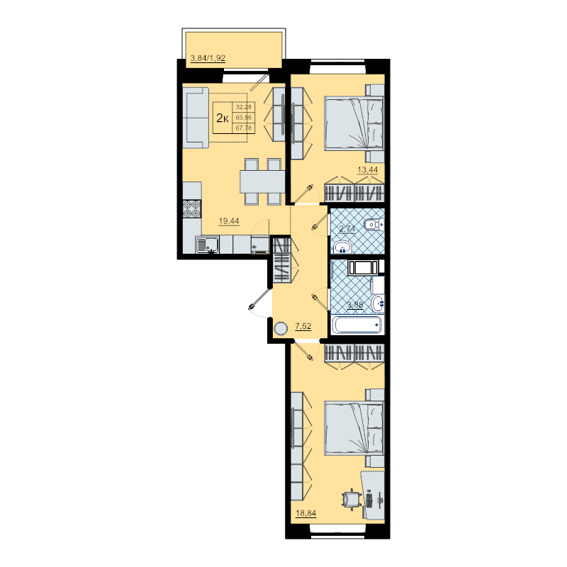 3-комнатная (Евро) квартира, 67.8 м² - планировка, фото №1