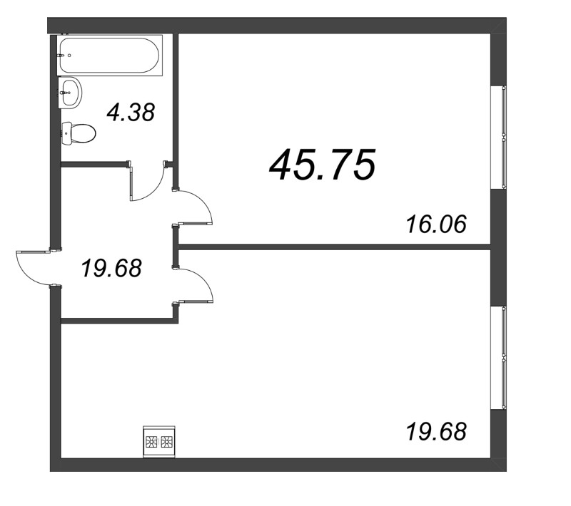 2-комнатная (Евро) квартира, 45.75 м² в ЖК "Bereg. Курортный" - планировка, фото №1