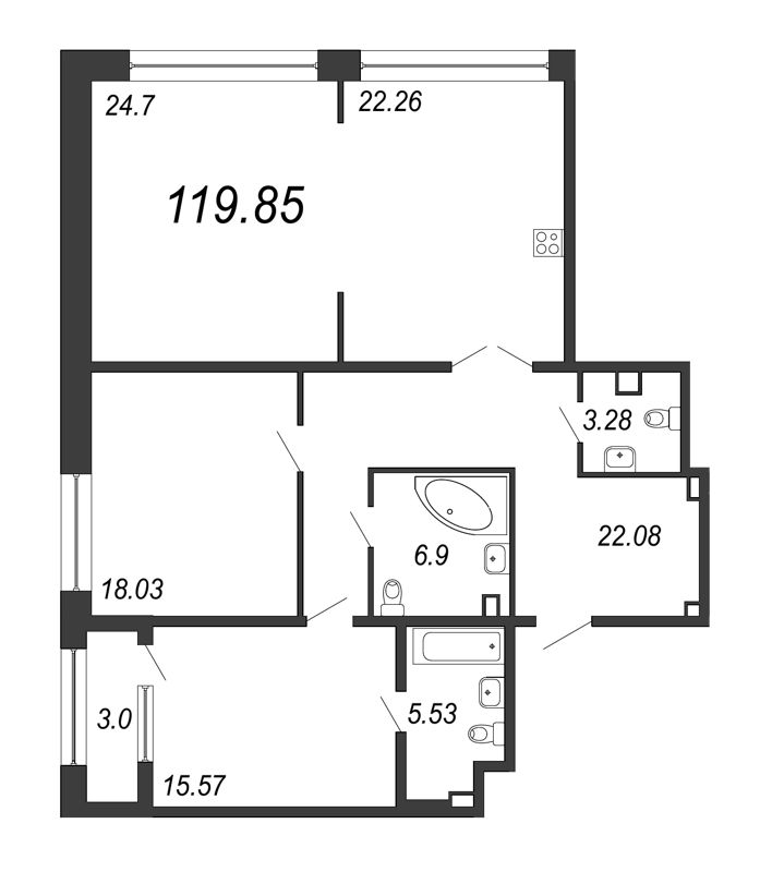 3-комнатная квартира, 119.85 м² - планировка, фото №1