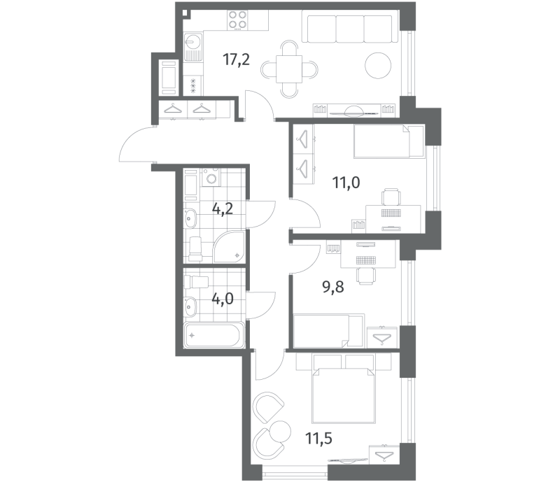 4-комнатная (Евро) квартира, 69 м² в ЖК "Парусная 1" - планировка, фото №1