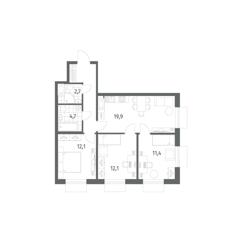 4-комнатная (Евро) квартира, 71.4 м² в ЖК "Парусная 1" - планировка, фото №1