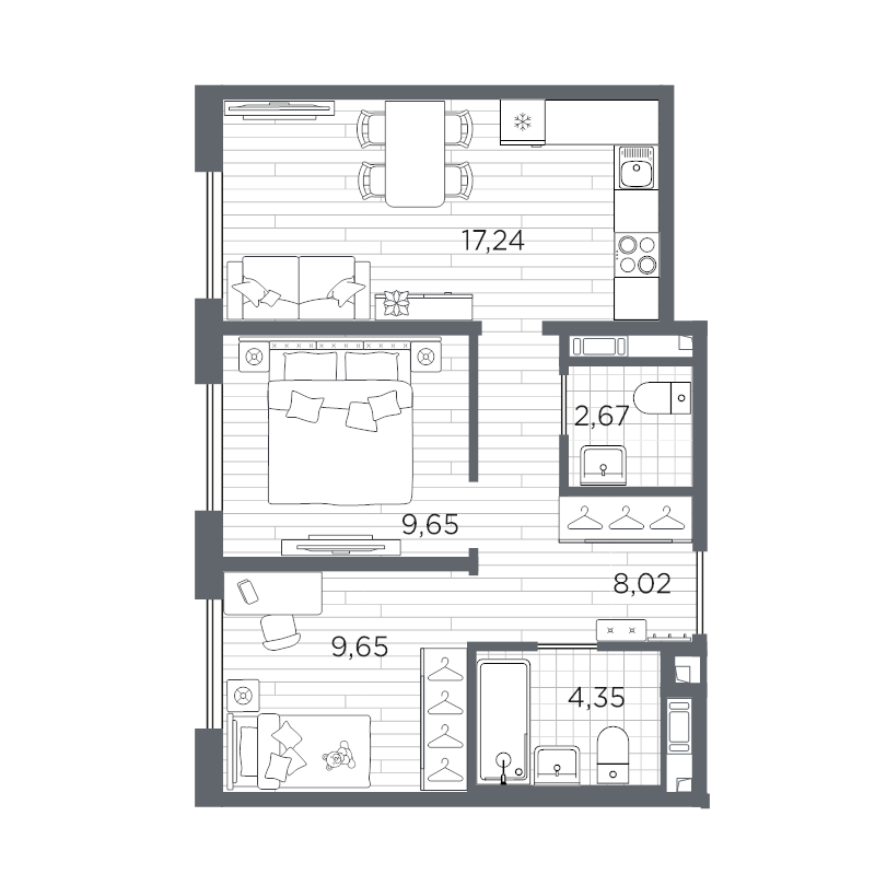 3-комнатная (Евро) квартира, 51.58 м² в ЖК "Плюс Пулковский" - планировка, фото №1