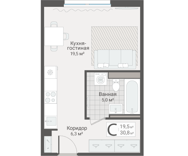 Квартира-студия, 30.8 м² в ЖК "Руднева 15" - планировка, фото №1