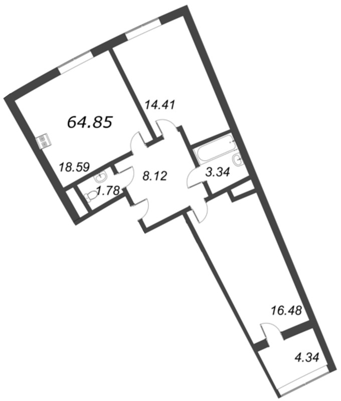 3-комнатная (Евро) квартира, 64.85 м² в ЖК "Морская набережная. SeaView" - планировка, фото №1