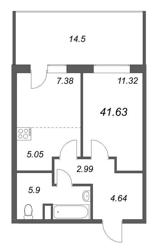 1-комнатная квартира, 41.63 м² в ЖК "Тишин" - планировка, фото №1